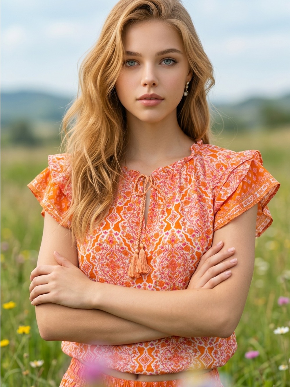 Rose & Olive Orange Printed Tassel Tie Ruffle-Sleeve Blouse
